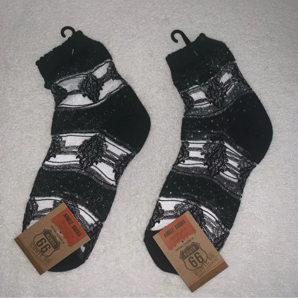 Women’s Ladies Sz 9-11 Vintage Route 66 Black Silver / Shimmer Ankle Socks 2 PR